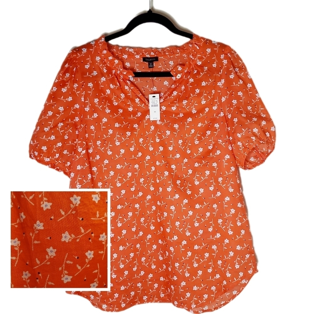 TALBOTS Ruffle Popover - Scattered Blossoms Orange Size M Split Neck NWT